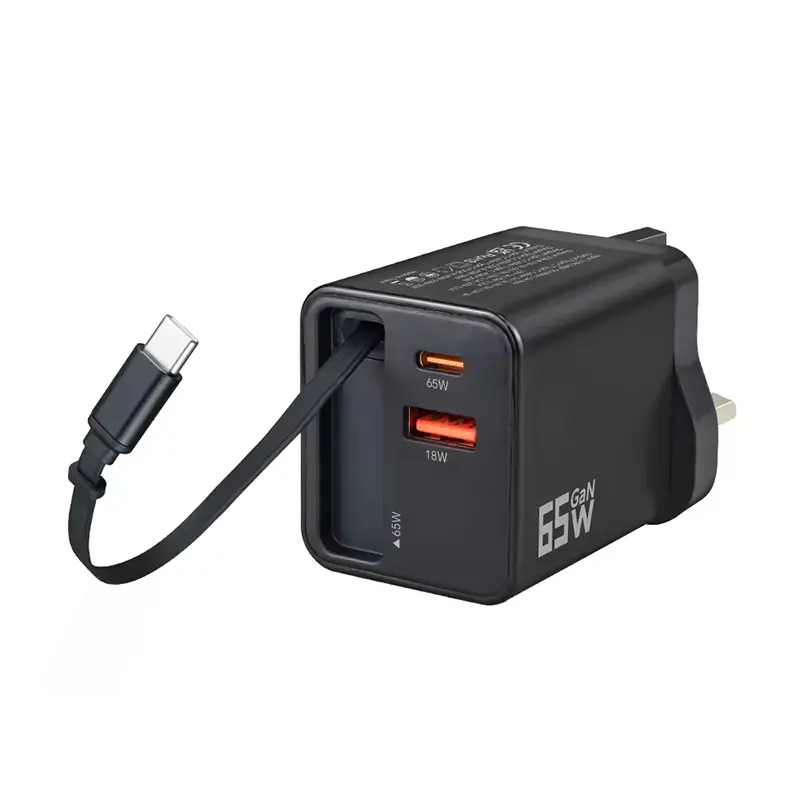 65W GaN Charger with Dual-Port Fast Charging and Retractable Cable